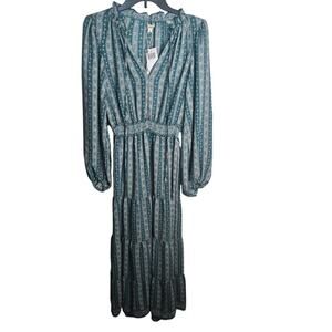 Max Studio Spruce Rambling Blue Stripe Floral Tiered Long Sleeve Dress Small NWT